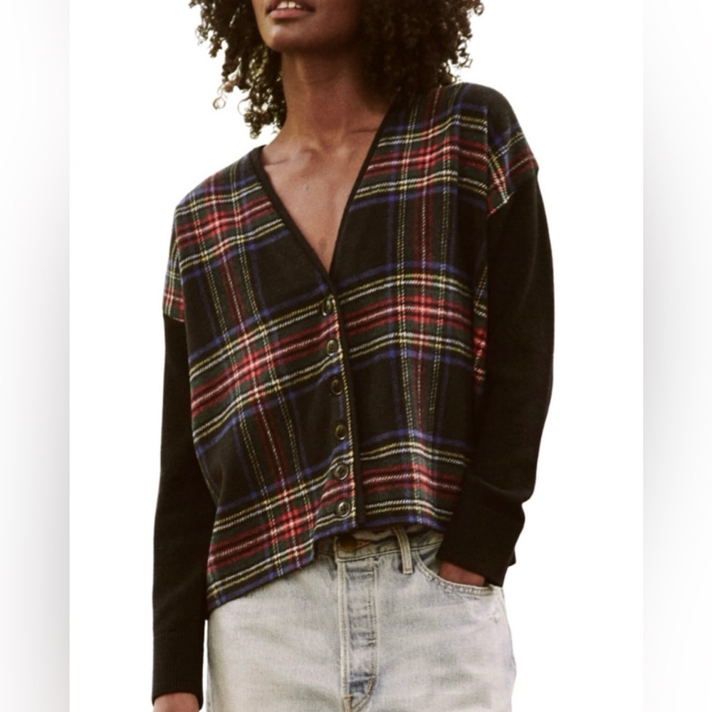 THE GREAT. Plaid Cardigan in Black and Red